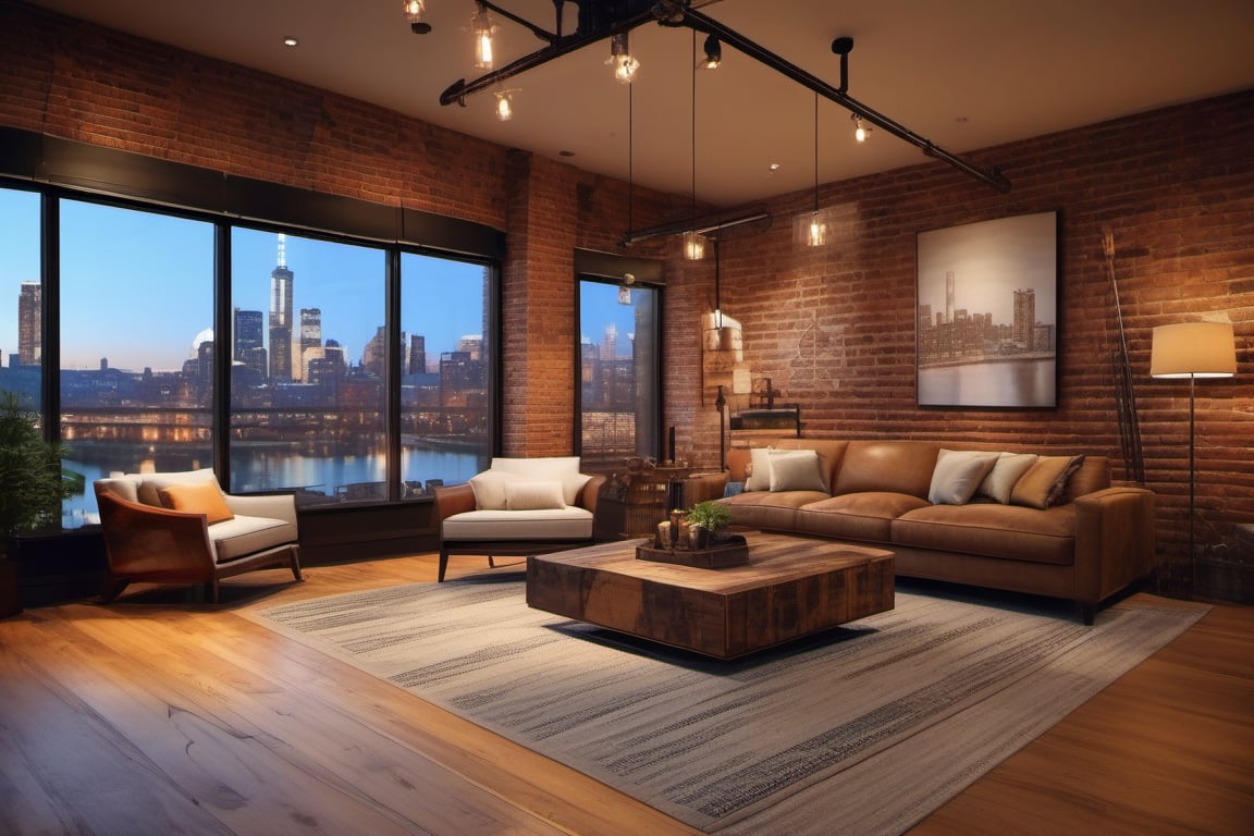 Innovative interior design of a cozy living room, rustic, brick walls, and large bay windows with a view of a city skyline, inspired by industrial style. 