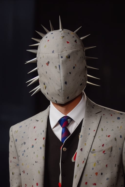 A man with a black spike hooded mask and gray printed suit