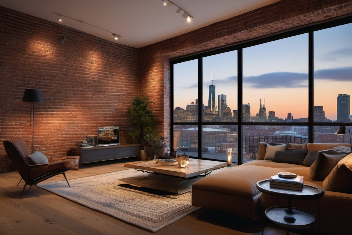 Innovative interior design of a cozy living room, rustic, brick walls, and large bay windows with a view of a city skyline, inspired by industrial style. 