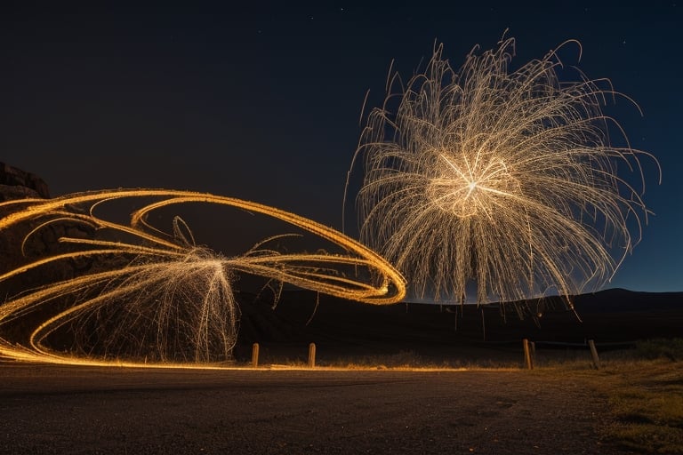 Spiral steel wool photography at night, with a wild west background, raw image, EOS R3 camera, 32k resolution, XXMix_realisticSDXL, bul4, 





