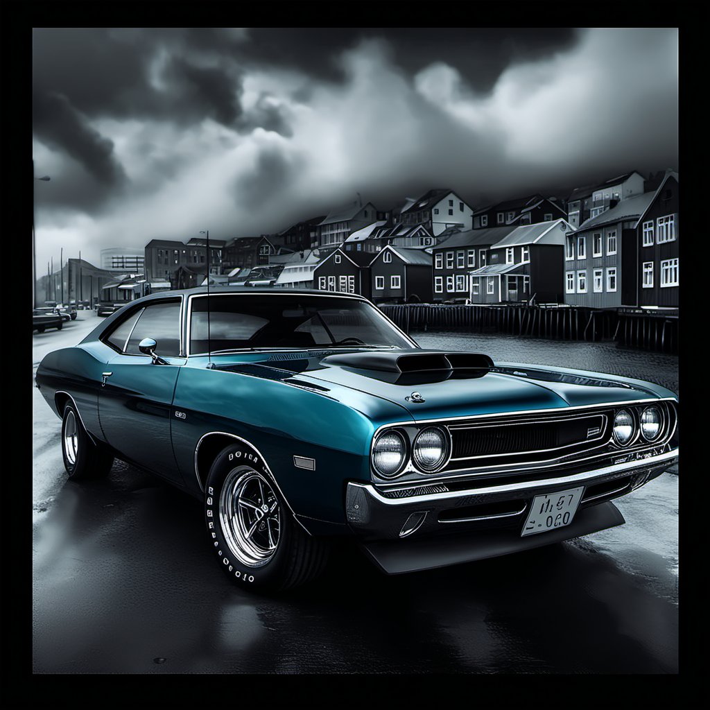 1970s, blue muscle car parked on a moody street