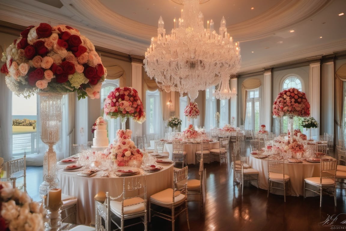  High-quality, masterpiece, painting, of a fairytale, glamorous wedding at a waterfront mansion. A soft color palette, crystal chandeliers, red roses, large floral arrangements, ornate decor pieces, and a tall flower-adorned wedding cake.