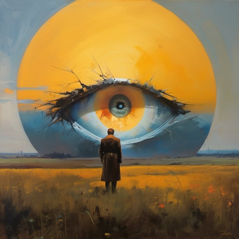 artwork depicting a stunning artistic abstract art oil painting surreal depiction of an eye, pretopasin an bizzare,male,painting by jakub rozalski