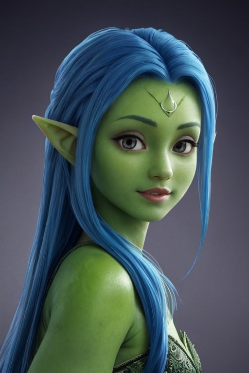 photo of a beautiful dryad girl with (green skin:1.4), (elven pointy ears), (bluehair), (chubby cheecks), [slight smile], (with red realistic eyes), very detailed, parted lips, realistic skin, pores on skin, soft hairs on skin, dynamic lighting, intricate, elegant, vibrant colors, hime hairstyle, undertone skin, vertical line on forehead, hime hairstyle