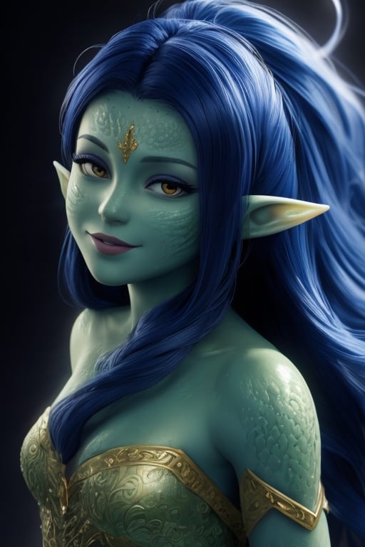 photo of a beautiful dryad girl with (green skin:1.4), (elven pointy ears), (bluehair), (chubby cheecks), [slight smile], (with red realistic eyes), very detailed, parted lips, realistic skin, pores on skin, soft hairs on skin, dynamic lighting, intricate, elegant, vibrant colors, hime hairstyle, undertone skin, vertical line on forehead, hime hairstyle