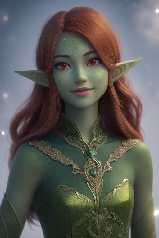 photo of a beautiful dryad girl with (green skin:1.4), (elven pointy ears), (orange hair), (chubby cheecks), [slight smile], (with red realistic eyes), very detailed, parted lips, realistic skin, pores on skin, soft hairs on skin, dynamic lighting, intricate, elegant, vibrant colors, hime hairstyle, undertone skin, vertical line on forehead,SAM YANG