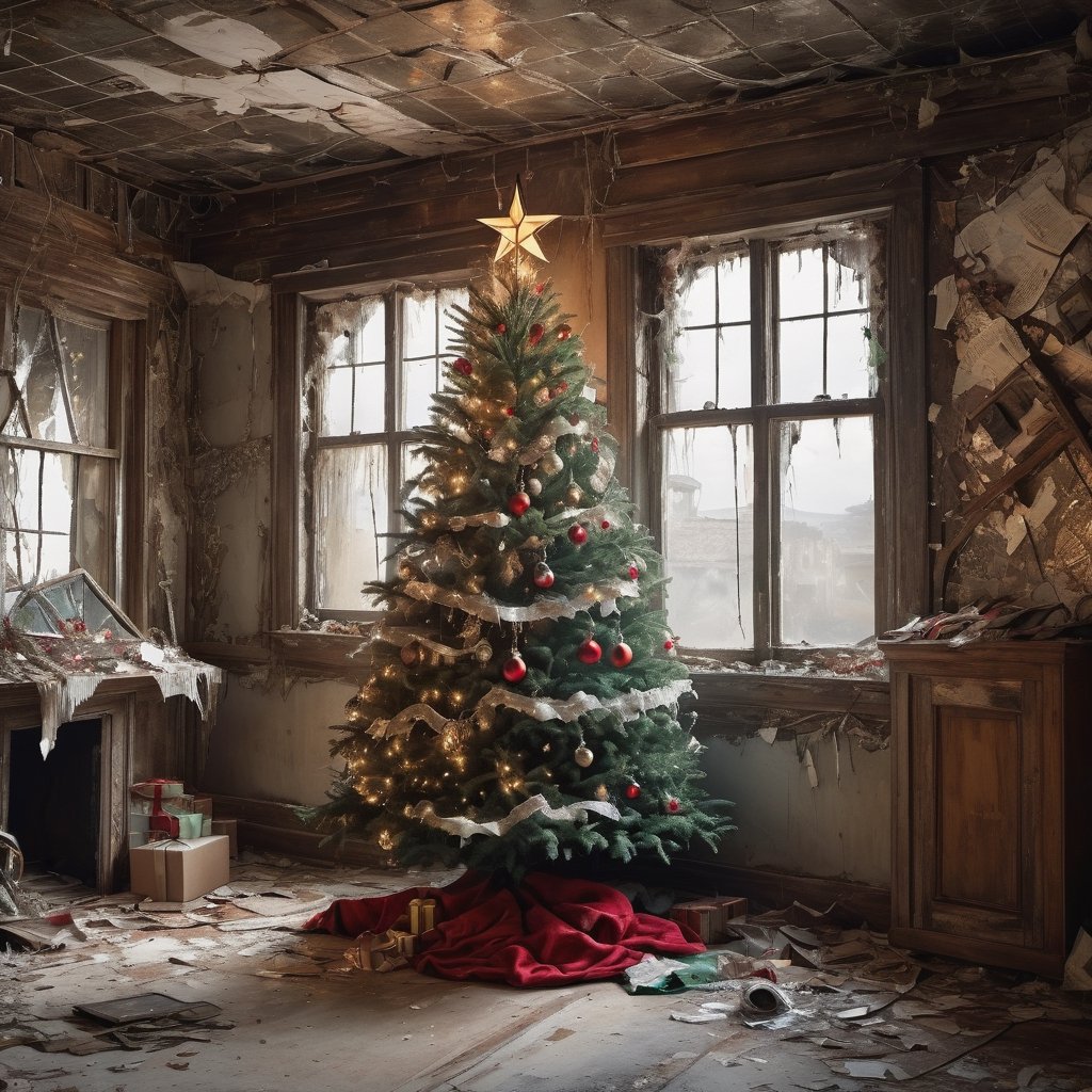 a beautifully decorated Christmas tree with lights, dirty Santa Claus,inside an abandoned and dirty Post apocalyptic house. broken window, peeling wallpaper, cobwebs, trash,muy detallado. 8k. alta calidad. ultra detallada. fotorrealista. Pintura digital