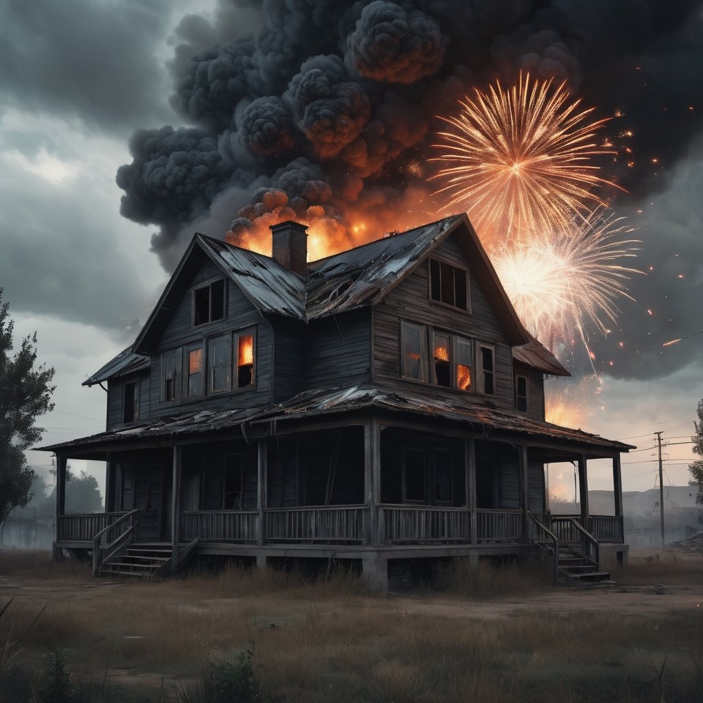 
Post apocalyptic house with lots of fire works in the sky, Dark and gloomy day. muy detallado. 8k. alta calidad. ultra detallada. fotorrealista. Pintura digital