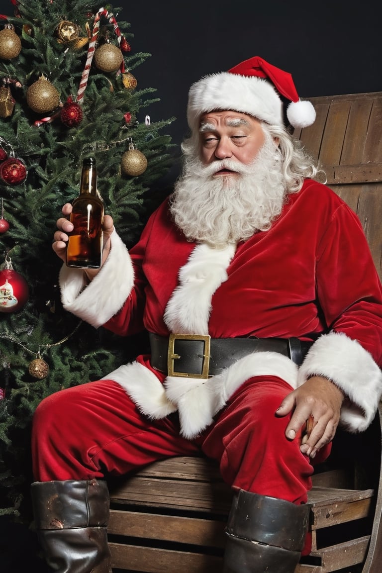  
A dirty and filthy Santa Claus looking exhausted sitting in a dirty empty sleigh with a half empty bottle of booze in his hand., decorated Christmas tree and decorations,, trash,muy detallado. 8k. alta calidad. ultra detallada. fotorrealista. Pintura digital