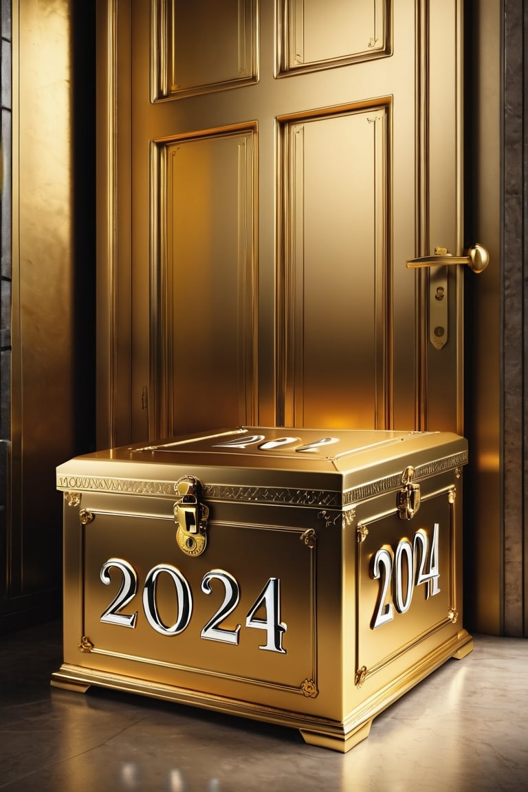 A Photorealistic realistic photo of a incrediblely beautiful gold box ((stamped with "2024")) (((2024))) on the sides, sitting on a table,inside the door of a open vintage style vault, viewed from the outside the vault 
