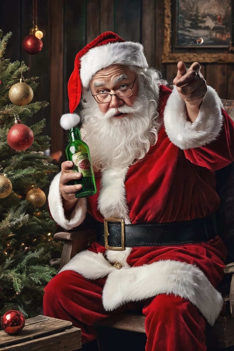  
A dirty and filthy Santa Claus looking exhausted sitting in a dirty empty sleigh with a half empty bottle of booze in his hand., decorated Christmas tree and decorations,, trash,muy detallado. 8k. alta calidad. ultra detallada. fotorrealista. Pintura digital