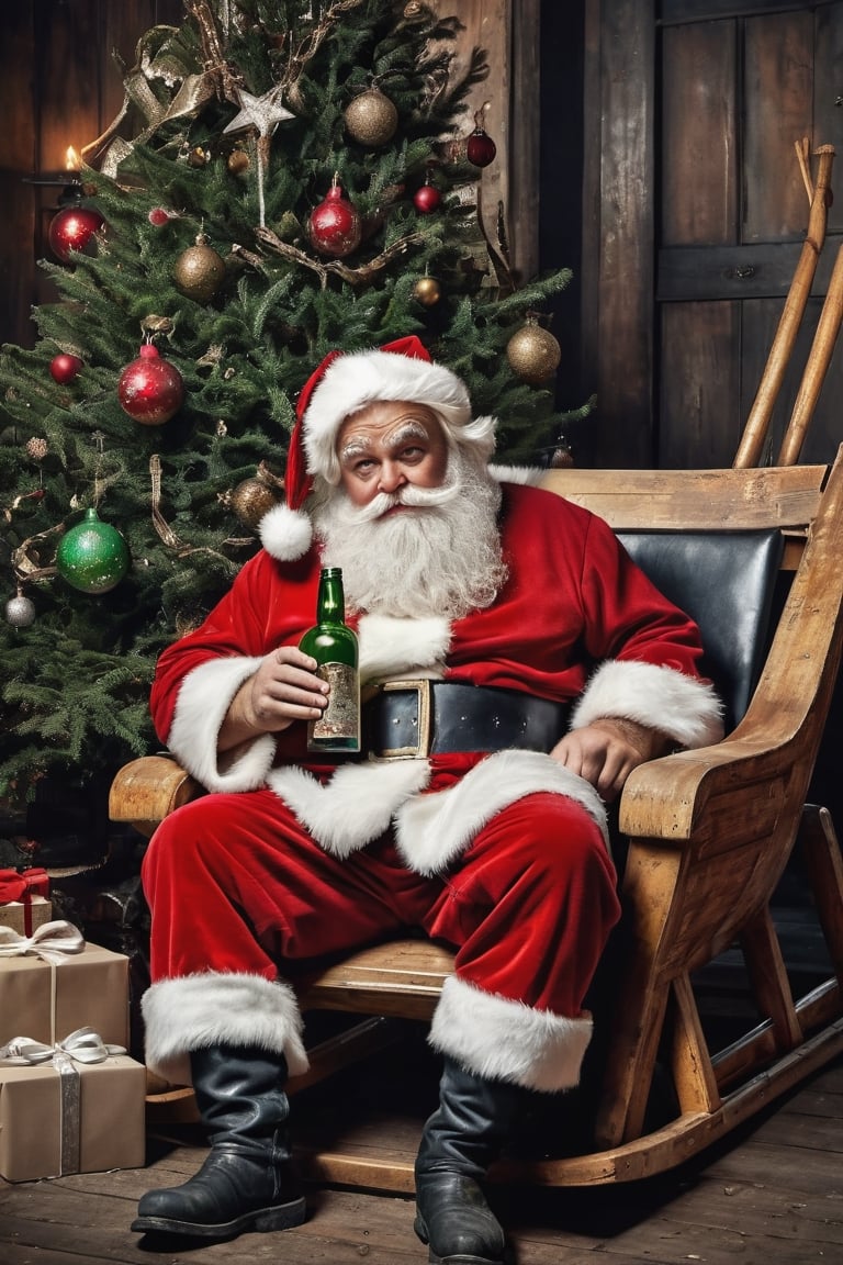  
A dirty and filthy Santa Claus looking exhausted sitting in a dirty empty sleigh with a half empty bottle of booze in his hand., decorated Christmas tree and decorations,, trash,muy detallado. 8k. alta calidad. ultra detallada. fotorrealista. Pintura digital