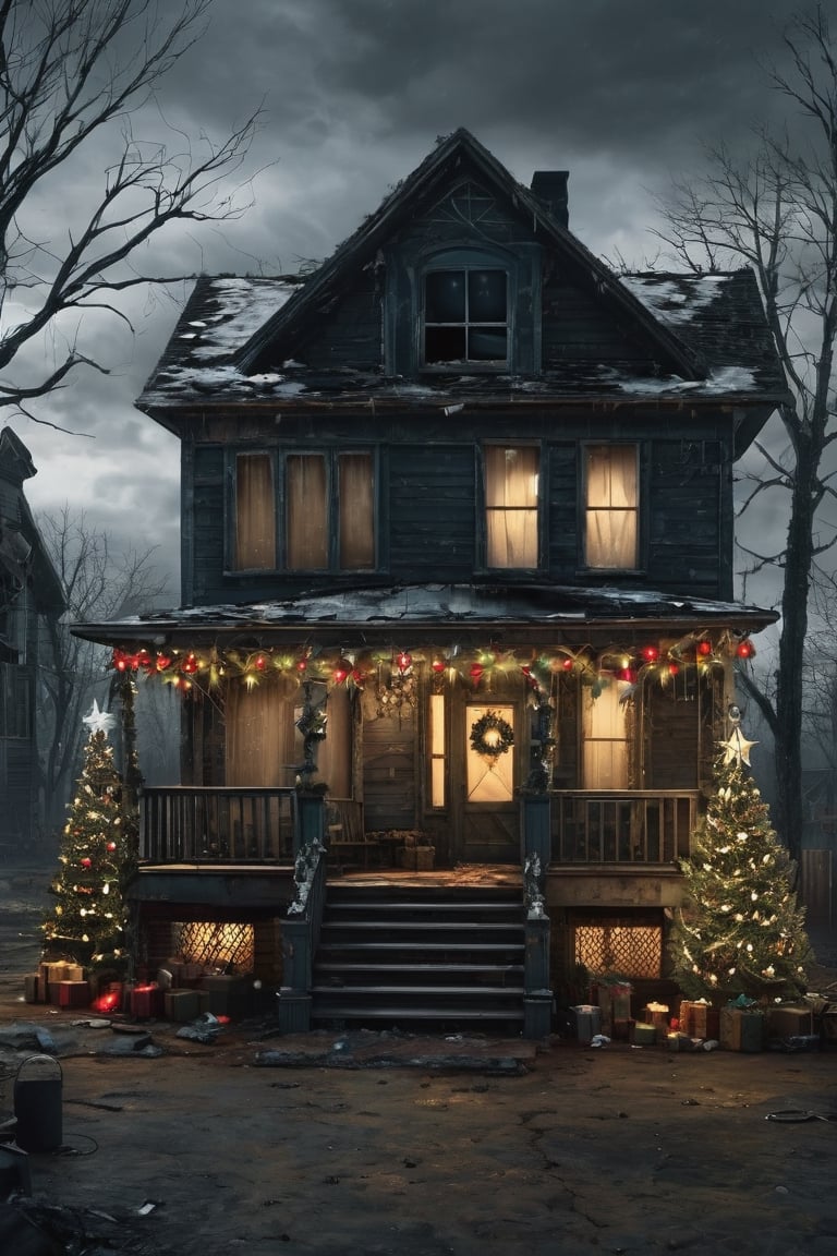 
Post apocalyptic house.with lots of Christmas lights on, dirty Christmas tree on the porch and decorations, Dark and gloomy day. muy detallado. 8k. alta calidad. ultra detallada. fotorrealista. Pintura digital