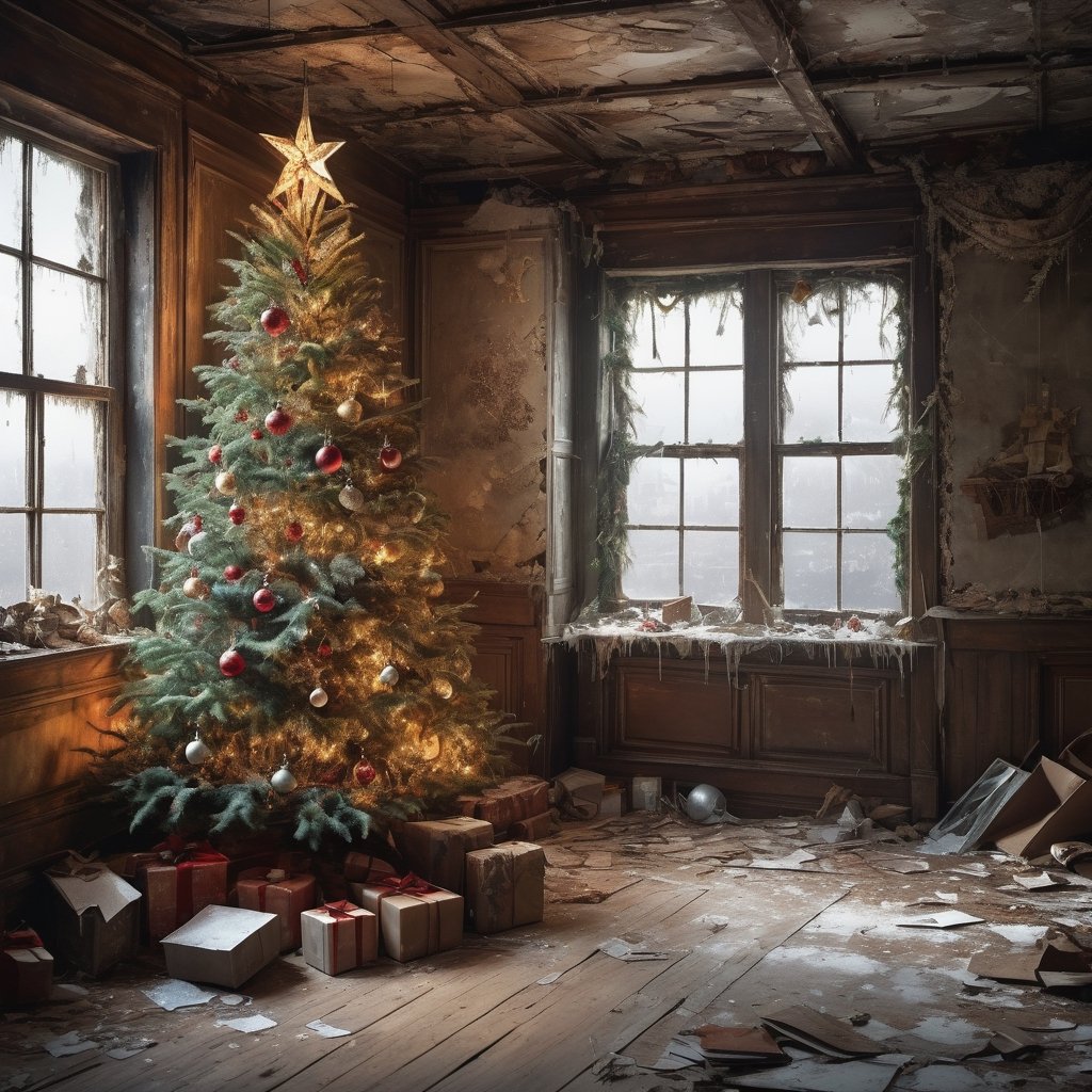  a beautifully decorated Christmas tree with lights, dirty Santa Claus,inside an abandoned and dirty Post apocalyptic house. broken window, peeling wallpaper, cobwebs, trash,muy detallado. 8k. alta calidad. ultra detallada. fotorrealista. Pintura digital
