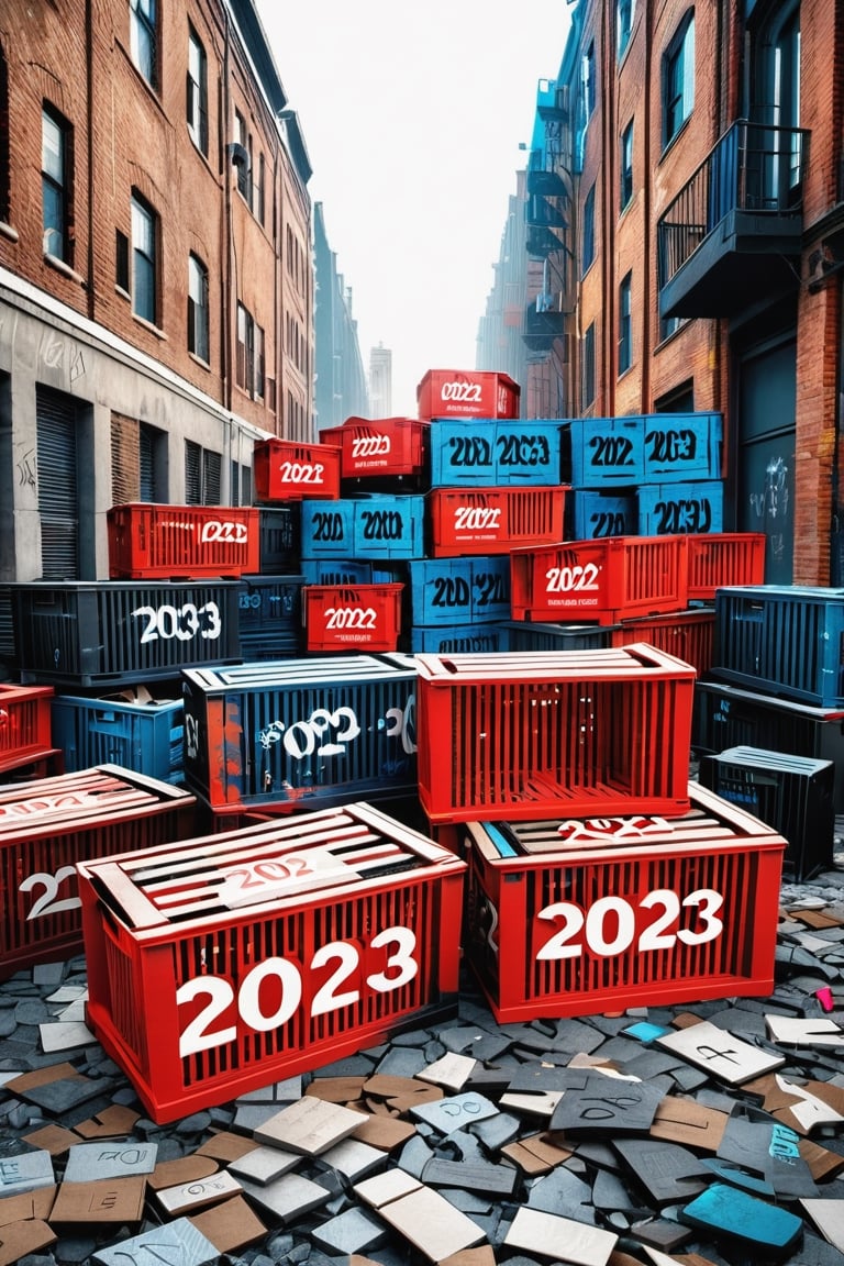 A Photorealistic,photorealism, realistic photo of crates with "2023" painted on the sides in a apocalyptic city street piled full of broken crates with "2023" STAMPED ON THE SIDES, 