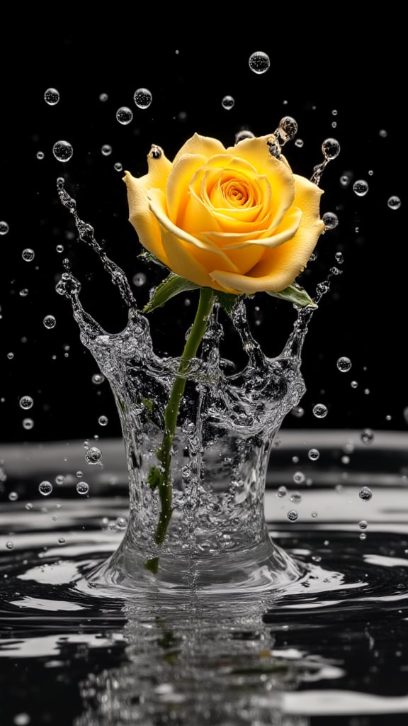 (((Black and white photography)))_(((Colour photography)))_(((Art photography, masterpiece)))_( a big splashing of water out of nowhere , a yellow rose blossom within the splash ,in divergent perspective:1.7)_(black and white  surroundings:1.2),  dark palette, 28mm, t1/250, f14,  high resolution and contrast and colour contrast,  intricately textured and extremely subtle detailed,  detailmaster2,  side-light,  ultra quality,  fine artwork , Raw Photo