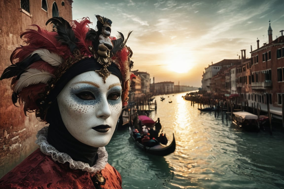 An infrared double-exposure  first shot the sunrise over a canale in Venice second shot 2 people in venetian carnival masking,  high resolution and contrast and colour contrast,  intricately textured and extremely subtle detailed,  detailmaster2,  backlight,  ultra quality,  fine artwork 