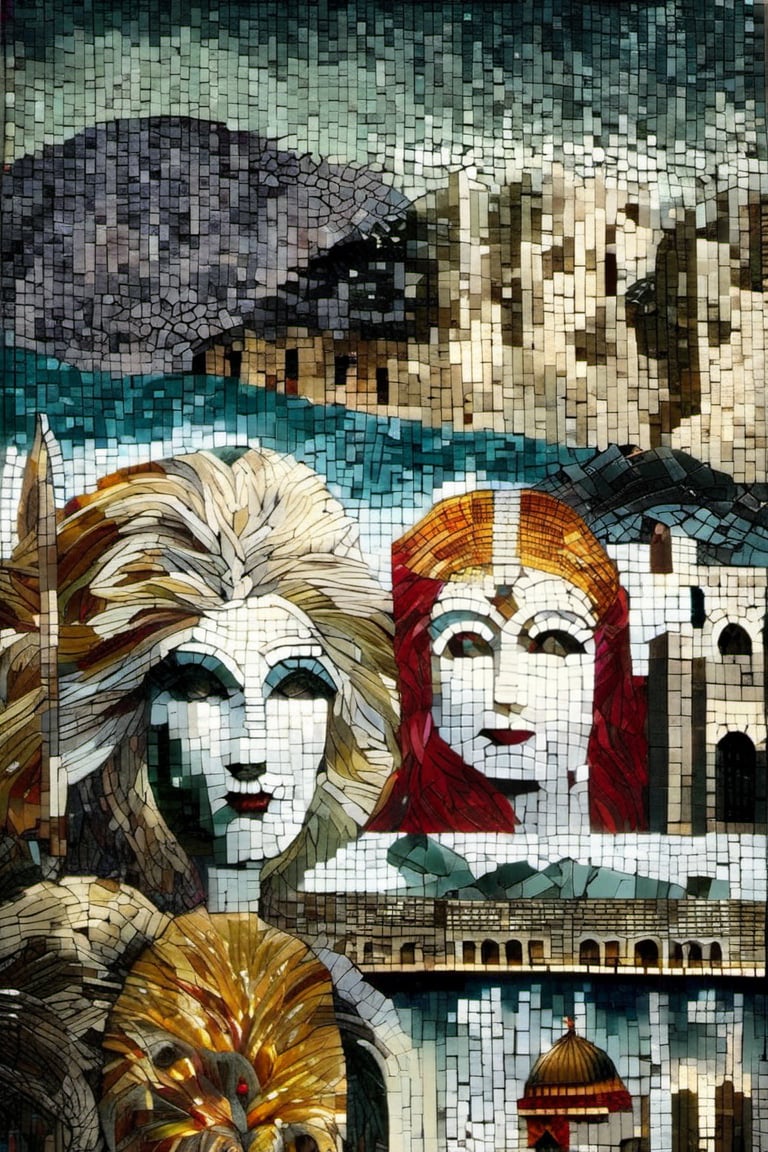 A glass mosaic of landscape with small lake and trees around in the foreground and high mountains  in the background,  dark palette,  high resolution and contrast and colour contrast,  intricately textured and extremely subtle detailed,  detailmaster2,  side-light,  epic view,  fine artwork ,DonMPl4sm4T3chXL ,colorful, dark_magician_girl,ArtDecoXL