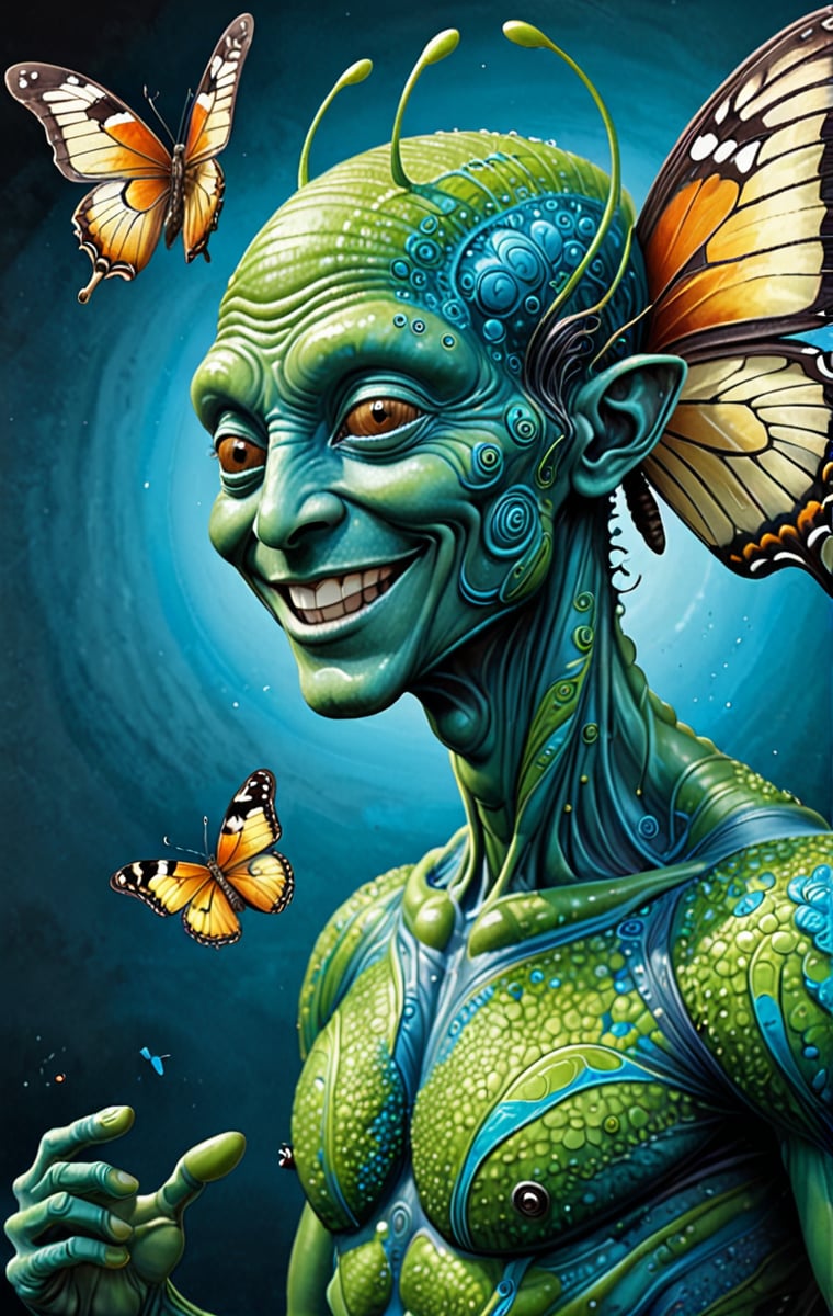 (Comic  Art) a male Alien with a swirled skin and amazing friendly, smiling face and empathy for living organisms dances together with a butterfly,  dark palette, high  resolution and contrast and colour contrast,  intricately textured and extremely subtle detailed,  detailmaster2,  side-light,  ultra quality,  fine artwork,sad looking,tears,sorrowful