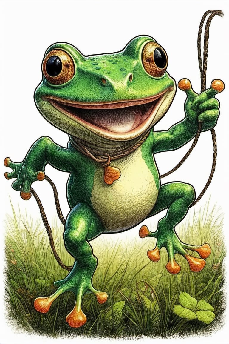 A green frog with a large grin on his face is jumping rope on the grass , dark vivid palette,  high resolution and contrast,  high colour contrast,  intricately textured and extremely detailed,  detailmaster2,  ray tracing shadows,  backlight,  ultra quality,  fine artwork ,ink art,line art illustration