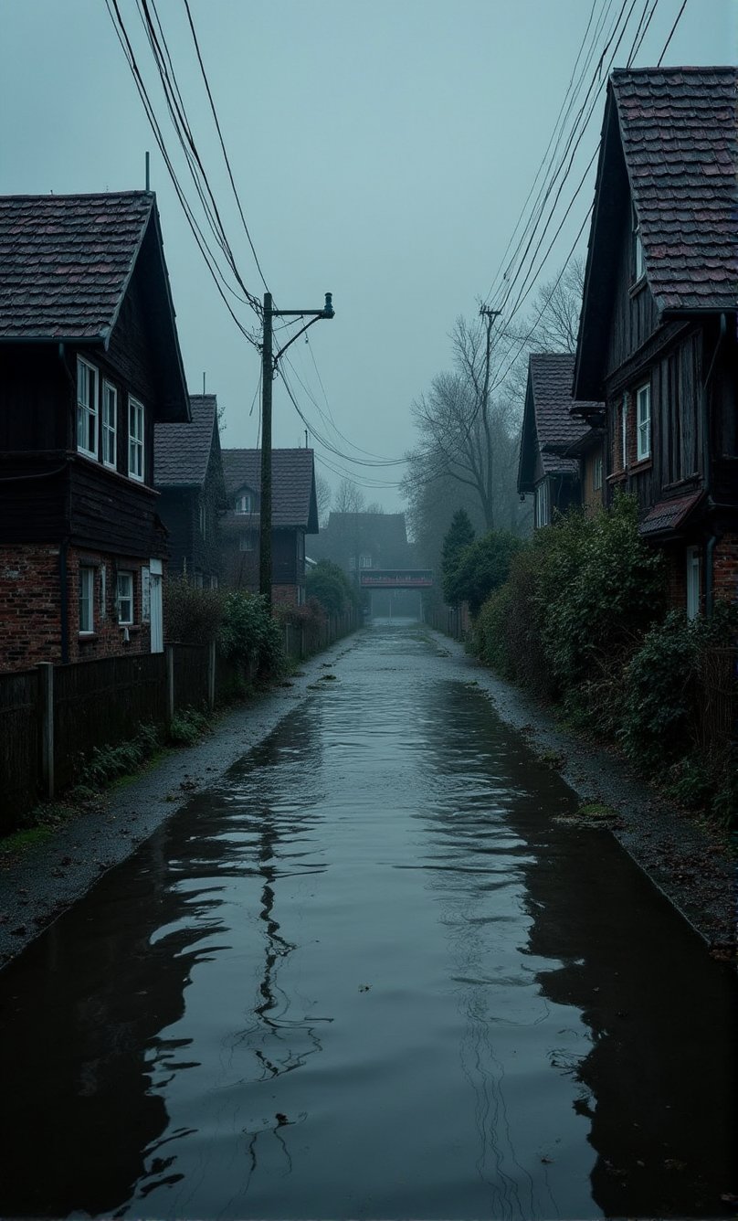 (National geographic style, masterpiece) A flooded village in Saxony , for too heavy  rainfall. People  must leave overflooded houses, some can rescue themselves  in the upper etages. The wild water has taken over roads and cars. Civilization has taken a full stop. Dark palette,  greyish toned colors, epic view, dramatic lighting,  high resolution and contrast and colour contrast,  intricately textured and extremely subtle detailed,  detailmaster2,  side-light,  ultra quality,  fine artwork 