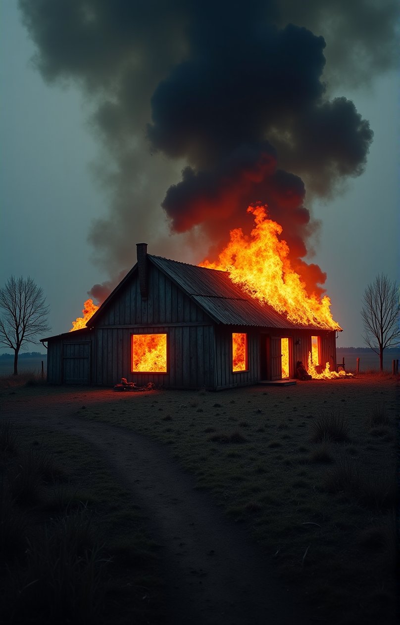 ( photography National geographic style,  masterpiece) A little farmhouse in a poor isolated countryside burns down. It's dramatic, tells a long story of hard work and lost fights . Hard and dry ground around ths burning house, old farmhouses stuff lying around. Dark, greyish dull colouring except for the flames shooting out of the farmhouse windows. Dark palette , high resolution and contrast and colour contrast,  intricately textured and extremely subtle detailed,  detailmaster2,  strobe lighting, ultra quality , fine artwork 