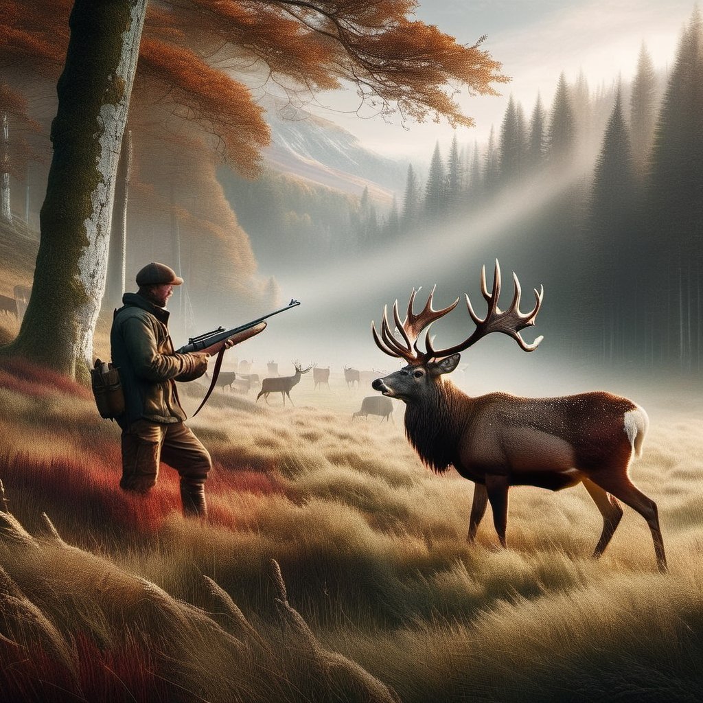 A mezzo Tinto  of a belling  16 antler red deer in a morning meadow and a hunter in the background,  , epic view, intricately textured and extremely subtle detailed,  detailmaster2,  side-light,  high resolution and contrast,  ultra quality , fine artwork 