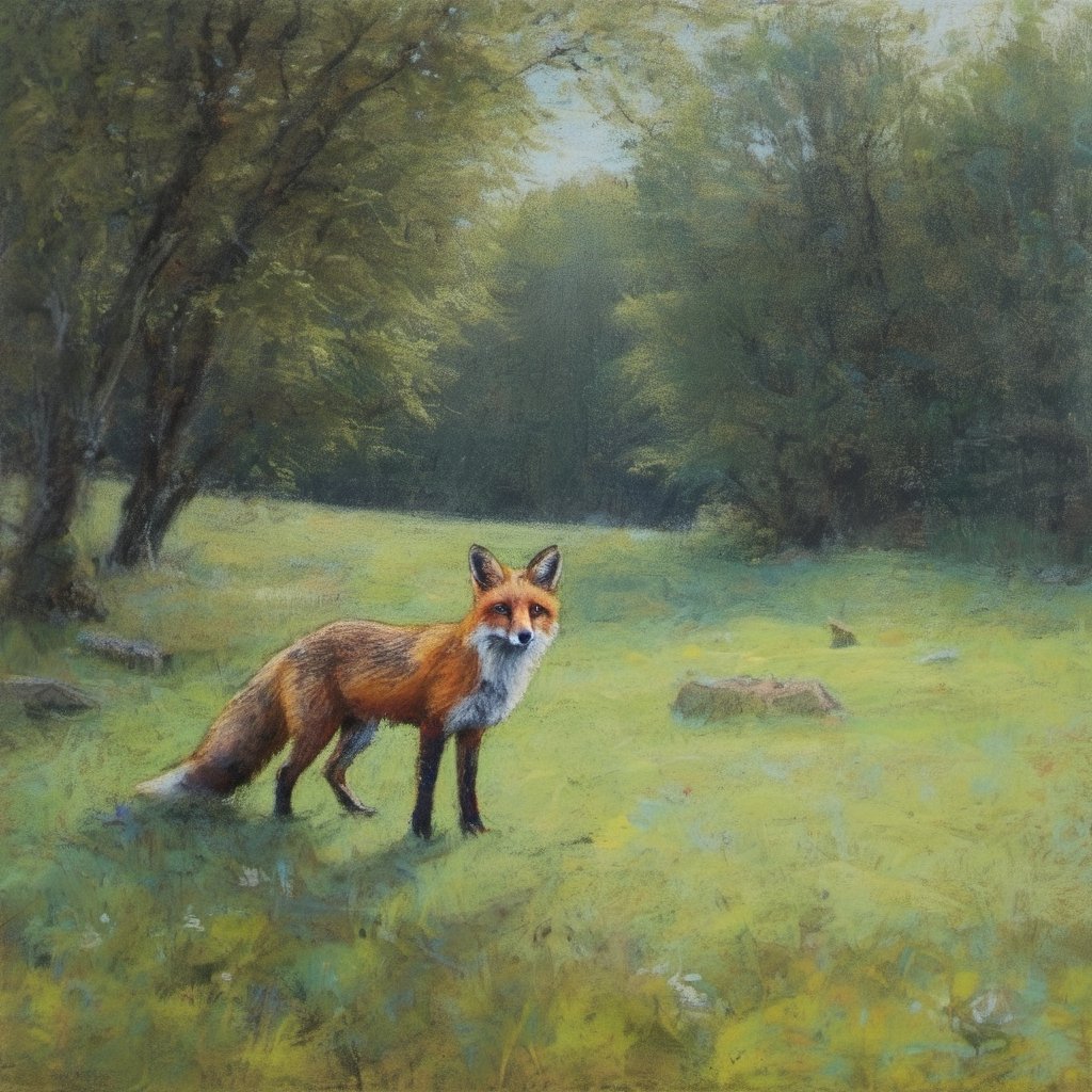 Pastelart An open landscape in France, fields, trees, a wood in the far end, a close-up 
of a roaming fox in the foreground, landscape in May, intricately textured and extremely subtle detailed,  detailmaster2,  side-light,  high resolution and contrast,  high colour contrast,  dark vivid palette, ultra quality 