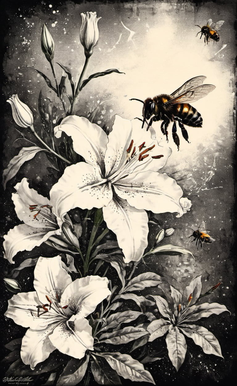 A WONDER flower half lily, half rose for everybody to bring love and courage back together with magic bees, high_resolution and contrast and colour contrast,  intricately textured and extremely subtle and elegantly detailed,  detailmaster2, side-light,  ultra quality ,Movie Poster,ink art,retro ink,line art illustration