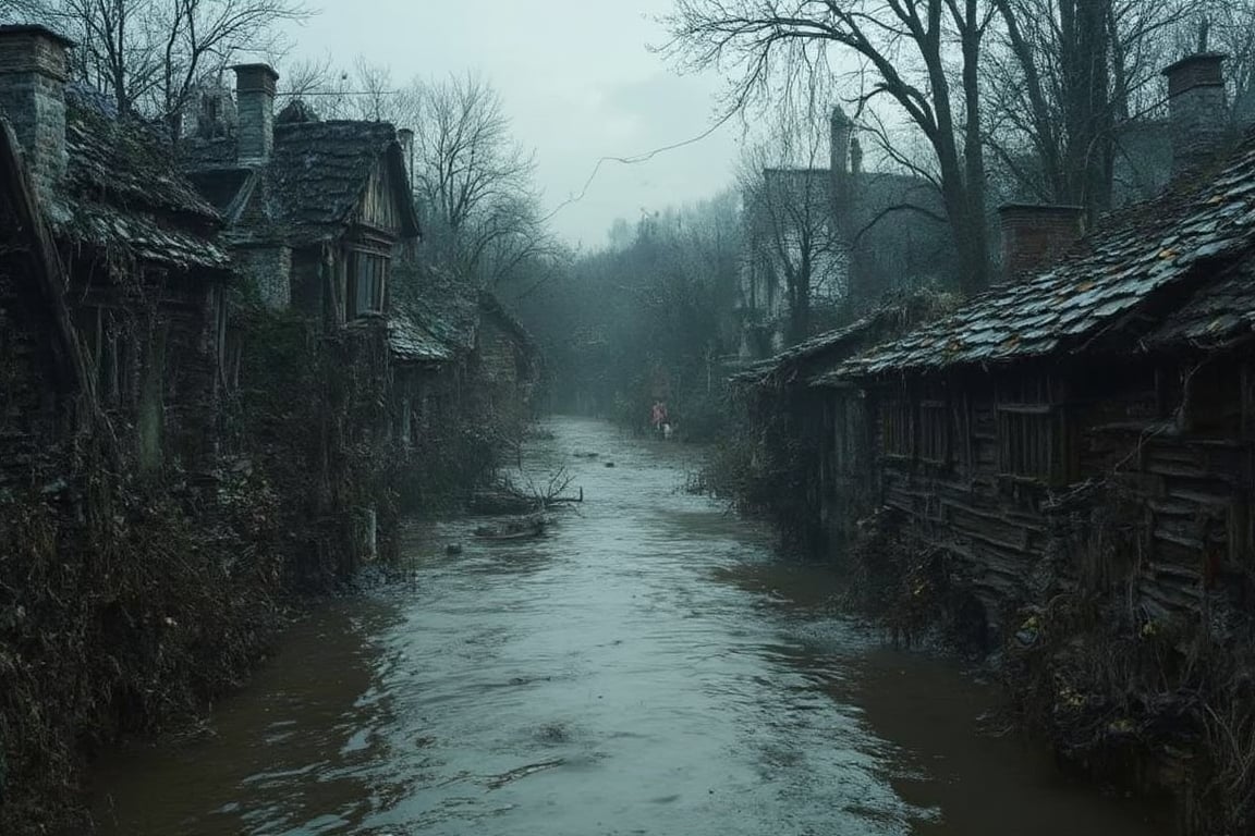 (National geographic style, masterpiece) A flooded village in Poland , for too heavy  rainfall. People  must leave overflooded houses, some can rescue themselves  in the upper etages. The wild water has taken over roads and cars. Civilization has taken a full stop. Horizontal perspective, dark palette,  greyish toned colors, epic view, dramatic lighting,  high resolution and contrast and colour contrast,  intricately textured and extremely subtle detailed,  detailmaster2,  side-light,  ultra quality,  fine artwork 