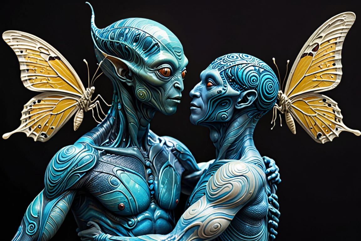 (Comic  Art) a male Alien with a swirled skin and amazing friendliness and empathy for living organisms dances together with a butterfly,  dark palette, high  resolution and contrast and colour contrast,  intricately textured and extremely subtle detailed,  detailmaster2,  side-light,  ultra quality,  fine artwork 