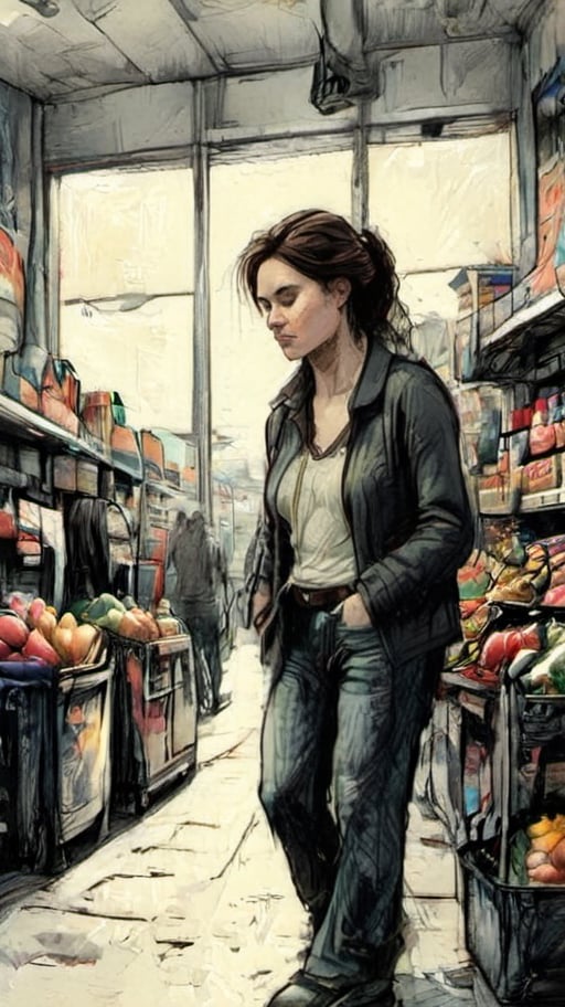 A coloured pencils sketch  of a woman doing her daily 
shopping  in a small supermarket , high resolution and contrast,  intricately textured and extremely expressive,  epic view,  deep focus,  depth of field,  detailmaster2,  side-light,  ray tracing shadows,  ultra quality ,charcoal drawing