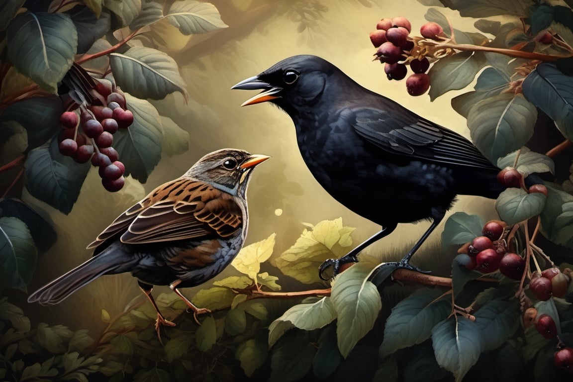 A blackbird meeting  a sparrow under a bush in the garden, moody lighting, dark palette,  high resolution and contrast,  intricately textured and extremely detailed,  detailmaster2,  ray tracing shadows,  side lighting,  ultra quality ,Digital painting ,Leonardo Style,Pomological Watercolor