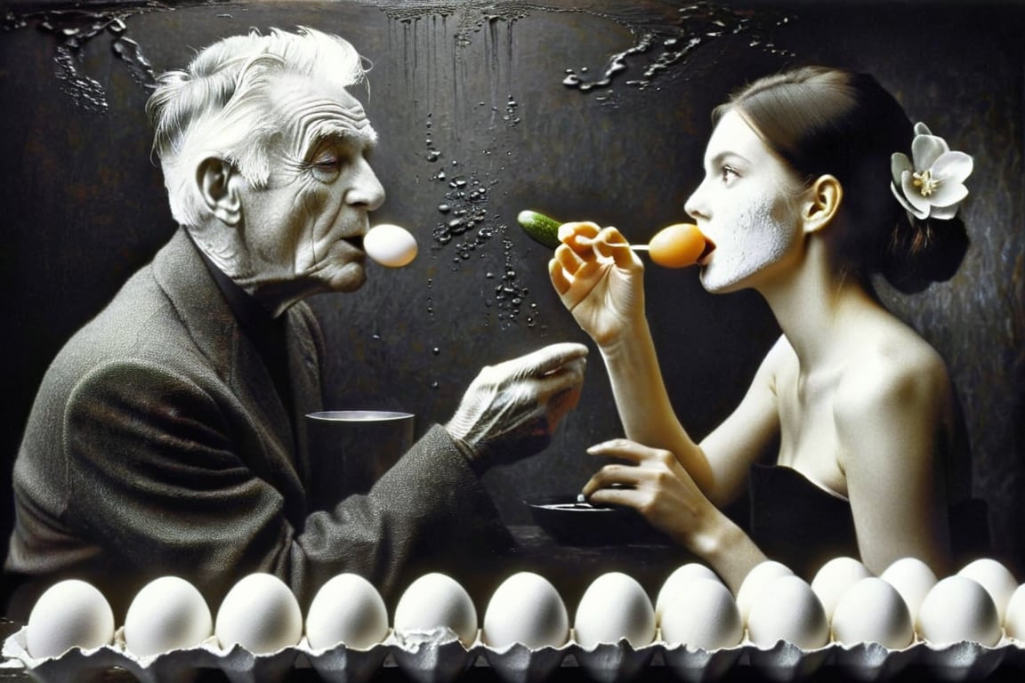 (Art photography,  masterpiece) ((monochrome photography,  black/white) tan /grey /orange background) (a couple of people in a surrealist bar atmosphere play with eggs and cucumbers,  in the style of Irving Penn) dark  palette, high resolution and contrast and colour contrast,  intricately textured and extremely subtle detailed,  detailmaster2,  side-light,  ultra quality,  fine artwork