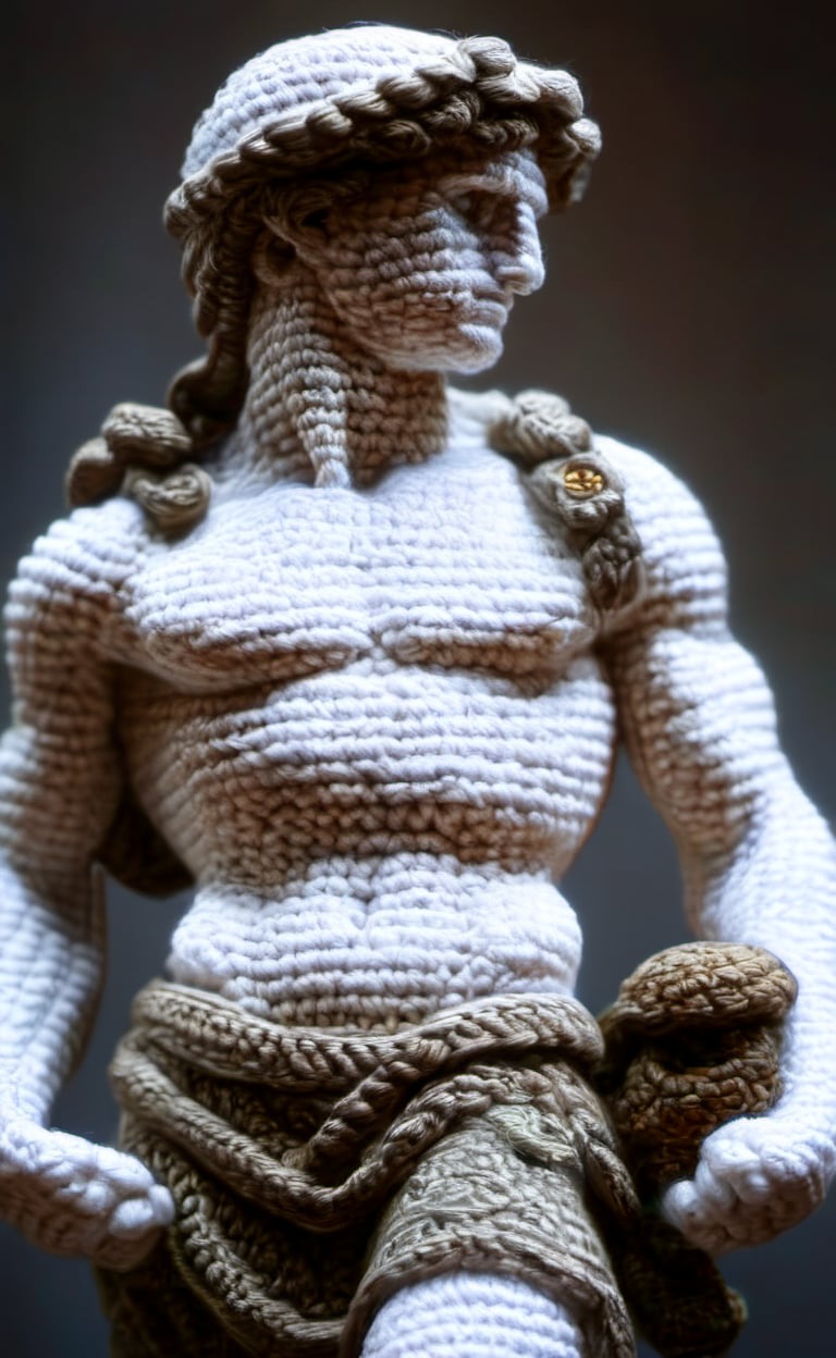 A crocheted David of Michelangelo,  dark palette,  high resolution and contrast and colour contrast,  intricately textured and extremely subtle detailed,  detailmaster2,  side-light, ultra quality,  fine artwork 