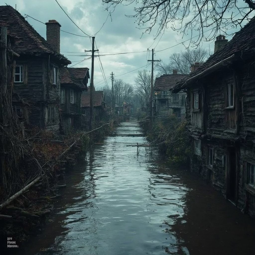 (National geographic style, masterpiece) A flooded village in Poland , for too heavy  rainfall. People  must leave overflooded houses, some can rescue themselves  in the upper etages. The wild water has taken over roads and cars. Civilization has taken a full stop. Horizontal perspective, dark palette,  greyish toned colors, epic view, dramatic lighting,  high resolution and contrast and colour contrast,  intricately textured and extremely subtle detailed,  detailmaster2,  side-light,  ultra quality,  fine artwork 