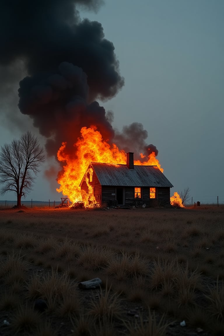 ( photography National geographic style,  masterpiece) A little farmhouse in a poor isolated countryside burns down. It's dramatic, tells a long story of hard work and lost fights . Hard and dry ground around ths burning house, old farmhouses stuff lying around. Dark, greyish dull colouring except for the flames shooting out of the farmhouse windows. Dark palette , high resolution and contrast and colour contrast,  intricately textured and extremely subtle detailed,  detailmaster2,  dramatic  lighting, ultra quality , fine artwork 