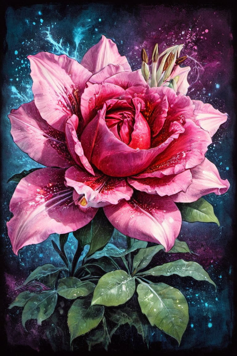 A WONDER flower for everybody,  part rose part lily part fantastic fantasy , dark vivid palette,  high resolution and contrast and colour contrast,  intricately textured and extremely subtle and elegantly detailed,  detailmaster2, side-light,  ultra quality ,Movie Poster,ink art,retro ink