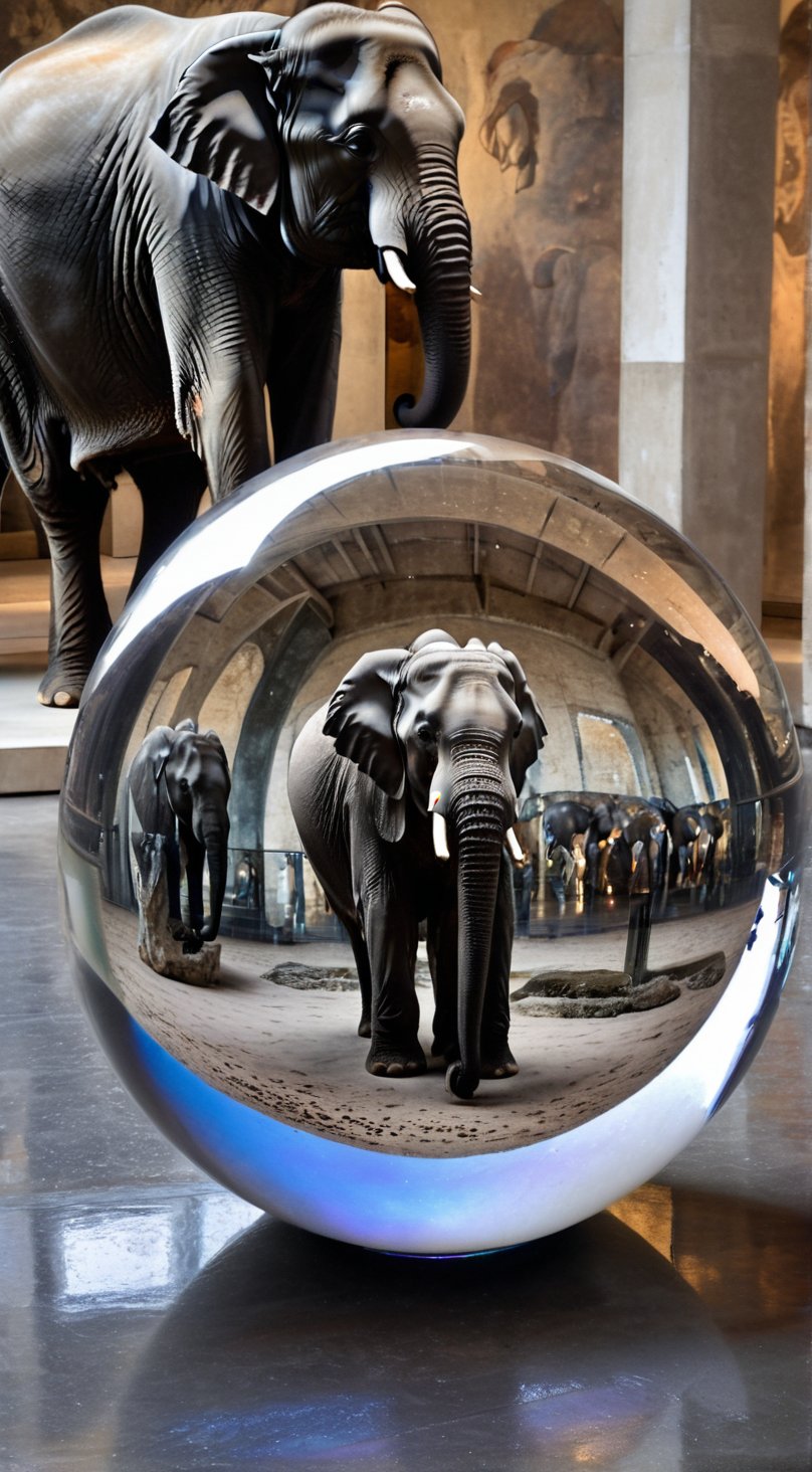 (((Black and white photography )))_(((Art photography, masterpiece)))_( A large round translucent concrete crystal  ball filling the image, lying on a museum floor  reflecting  an elephant in divergent perspective:1.7)_(black and white  surroundings:1.2),  dark palette, 28mm, t1/250, f14,  high resolution and contrast and colour contrast,  intricately textured and extremely subtle detailed,  detailmaster2,  side-light,  ultra quality,  fine artwork , Raw Photo