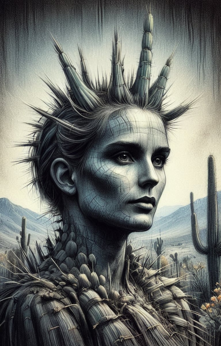 A charcoal ink coloured drawing of Saguaro cacti, high resolution and contrast and colour contrast,  dark palette,  intricately textured and extremely expressively detailed, detailmaster2,  fine artwork,  ultra quality,  epic view ,CharcoalDarkStyle,charcoal drawing,ink art,line art illustration