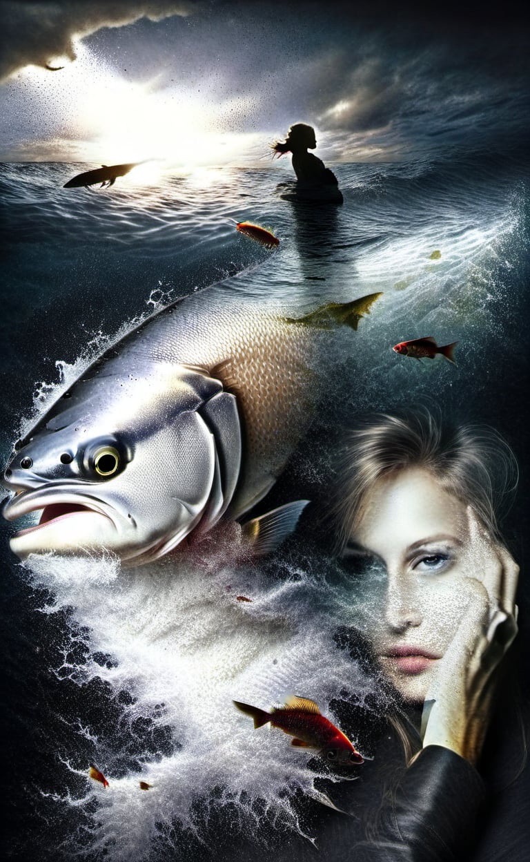 A double-exposure of  first  an attractive woman and secondly a a big fish,  dark palette,  high resolution and contrast and colour contrast,  intricately textured and extremely subtle detailed,  detailmaster2,  backlight,  ultra quality,  fine artwork ,more detail XL,photo r3al,dramaticwatercolor,DOUBLE EXPOSURE