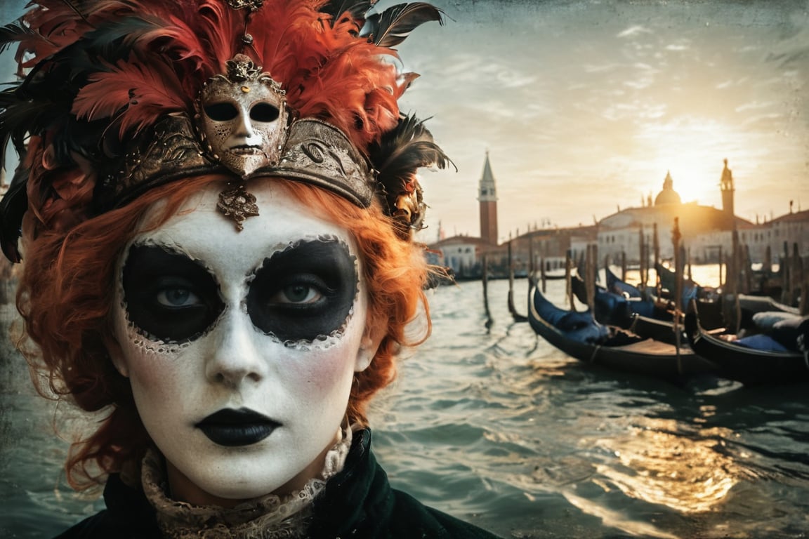 An infrared double-exposure  first shot the sunrise over a canale in Venice second shot 1 male and 1 female vis-a-vis in venetian carnival masking,  high resolution and contrast and colour contrast,  intricately textured and extremely subtle detailed,  detailmaster2,  backlight,  ultra quality,  fine artwork 