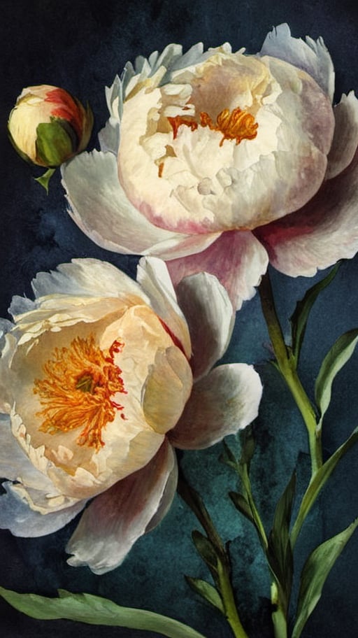 A dramatic All-Peony Plant Collage, of different papers, different looks, different colours, intricately textured, structured and detailed,  deep focus, deep contrast, clear outlines, detailmaster2,  backlight,  dark palette,  ,aw0k collage,digital painting,oil paint,ink ,ink art,Pomological Watercolor,watercolor,sketch
