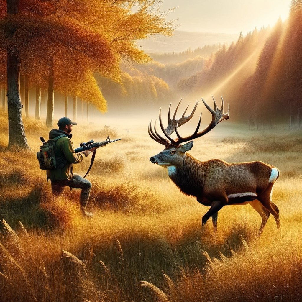 A mezzo Tinto  of a belling  16 antler red deer in a golden morning meadow and a hunter in the background,  , epic view, intricately textured and extremely subtle detailed,  detailmaster2,  side-light,  high resolution and contrast,  ultra quality , fine artwork ,FuturEvoLab-lora-mecha