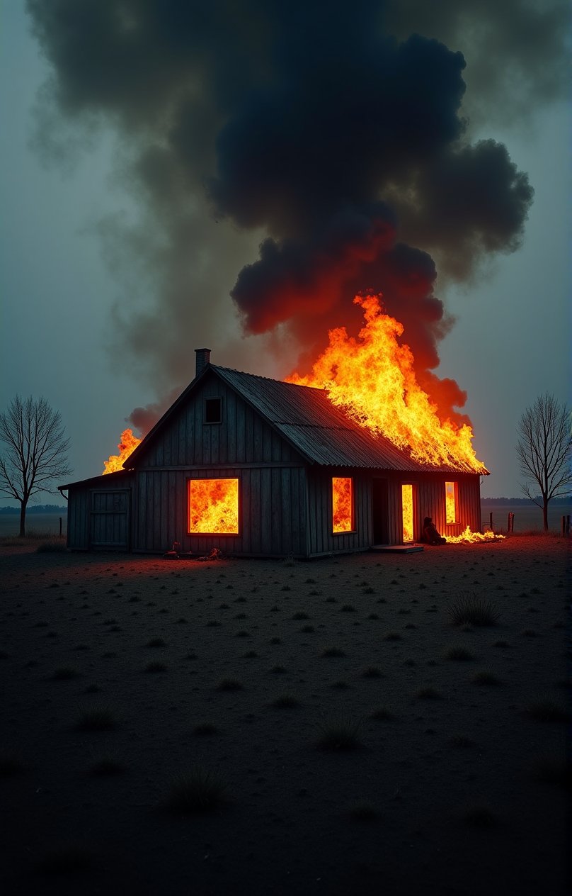 ( photography National geographic style,  masterpiece) A little farmhouse in a poor isolated countryside burns down. It's dramatic, tells a long story of hard work and lost fights . Hard and dry ground around ths burning house, old farmhouses stuff lying around. Dark, greyish dull colouring except for the flames shooting out of the farmhouse windows. Dark palette , high resolution and contrast and colour contrast,  intricately textured and extremely subtle detailed,  detailmaster2,  dramatic  lighting, ultra quality , fine artwork 