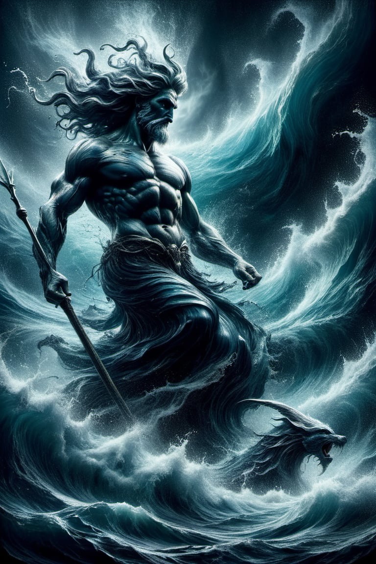 Poseidon appears from thestormy seam dark palette,  high resolution and contrast and colour contrast,  intricately textured and extremely subtle detailed,  detailmaster2,  side-light,  ultra quality,  fine artwork ,colorful