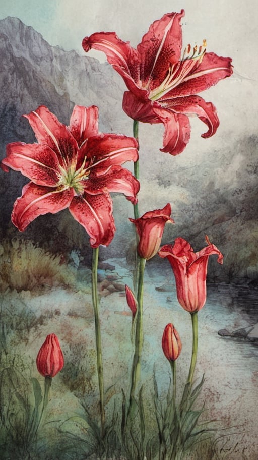 A pomological but lively watercolour of 3 dark red spotted and 1 american Turk's-cap lily on creme aquarel paper  , dark palette, intricately detailed painted and textured,  deep focus, high colour contrast, high contrast and resolution,  ultra quality ,Pomological Watercolor,watercolor,wtrcolor style,ink ,ink art