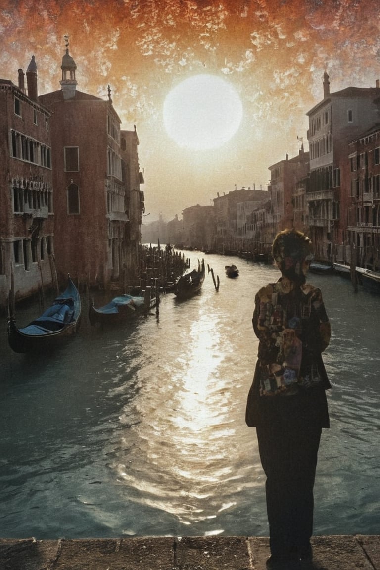 An infrared double-exposure  first shot the sunrise over a canale in Venice second shot 1 male and 1 female vis-a-vis in classical venetian carnival masking,  high resolution and contrast and colour contrast,  intricately textured and extremely subtle detailed,  detailmaster2,  backlight,  ultra quality,  fine artwork 