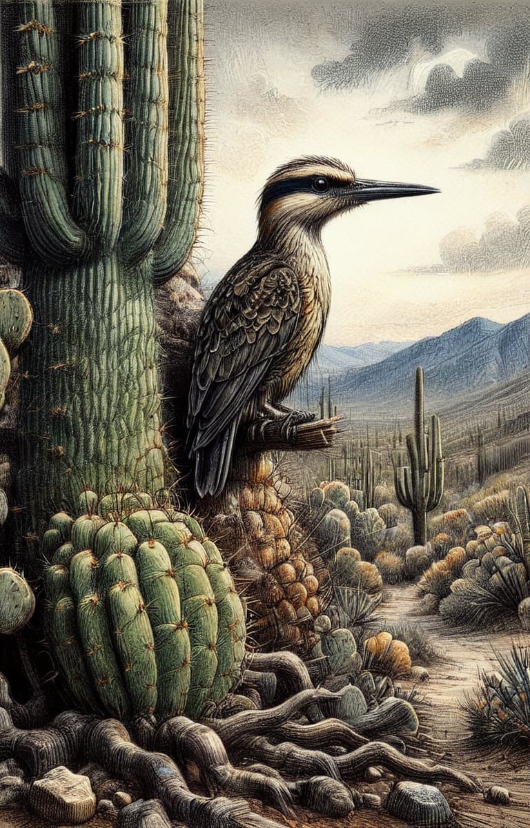 An ink colored charcoal drawing of Saguaro cacti with a specific bird thegeocoocyx californianus, high resolution and contrast and colour contrast,  dark palette,  intricately textured and extremely expressively detailed, detailmaster2,  fine artwork,  ultra quality,  epic view ,CharcoalDarkStyle,charcoal drawing,Pomological Watercolor,ink art