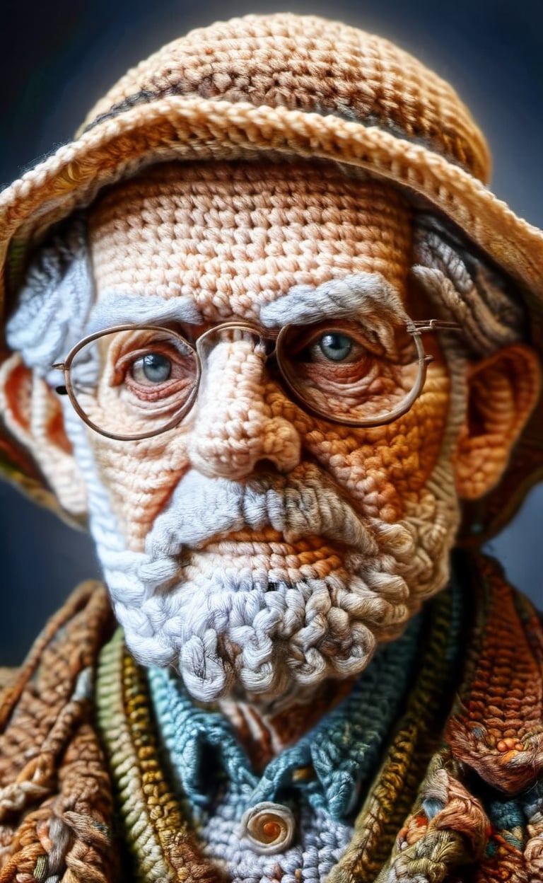 The fully crocheted portrait of an old, wise looking man looking into the wide, dark palette,  high resolution and contrast and colour contrast,  intricately textured and extremely subtle detailed, detailmaster2, side-light, ultra quality,  fine artwork 